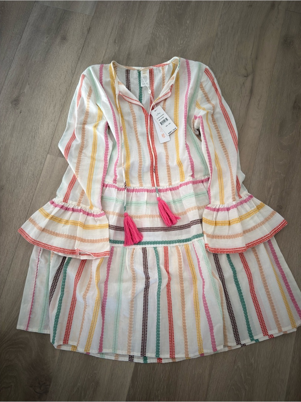 Pilyq White Multicolor Striped Dress with Pink Tassels